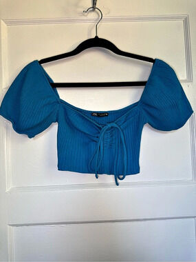 Zara Ruched Ribbed Crop Top Bright Blue Puff Sleeve Y2K Summer Small